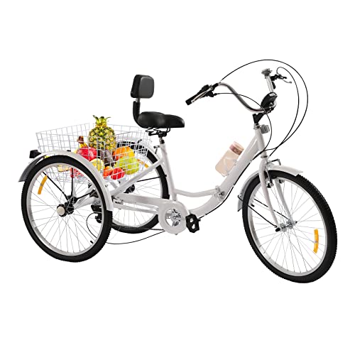 24 Zoll Klapprad Dreirad für Erwachsene Klappbar 7 Gang Tricycle Radfahren Sattel mit Rückenlehne und LED Licht, Einkaufskorb für Erwachsene und ältere Menschen Weiß von SanBouSi