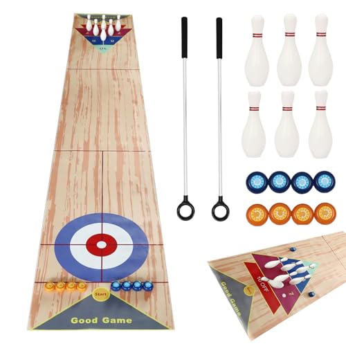 3 in 1 Shuffleboard Bowling Tischspiele 360x57cm, Tragbares Shuffleboard Tischkegelspiel Curling Spiel mit 6 Bowling und 2 Puttern für Kinder Familie Party von SanBouSi