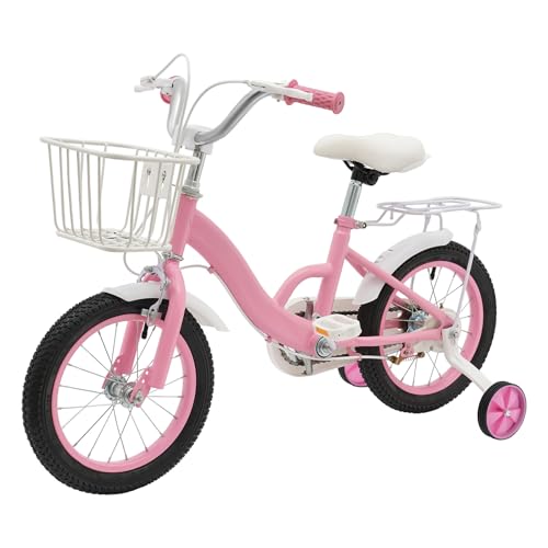 SanBouSi 14 Zoll KinderFahrrad für ab 3 Jahren Mädchen Fahrrad Kinder mit Stützräder Korb Rosa von SanBouSi