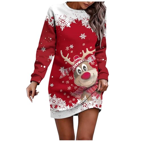 Christmas Dress Women, Weihnachtskleid Damen Rundhals Weihnachtspullover Pullikleid Langer Pulloverkleid Kleider Pullover Langarm Wickelkleid Schneeflocken Muster Bequem Für Winter Weihnachtskleidung von Sanaryun