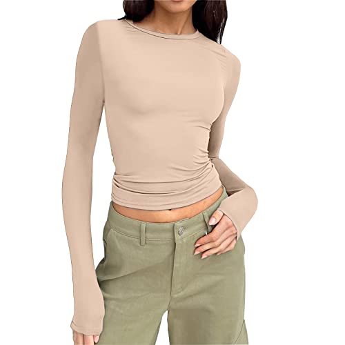 Enges Oberteil Damen Skims Dupe - Crop Tops Y2K Style Langarmshirts Teenager Mädchen Klamotten Clean Girl Clothes Longsleeve Basic Sommer Tshirt Slim Fit Top Rundhals Langarm Enges T-Shirt von Sanaryun