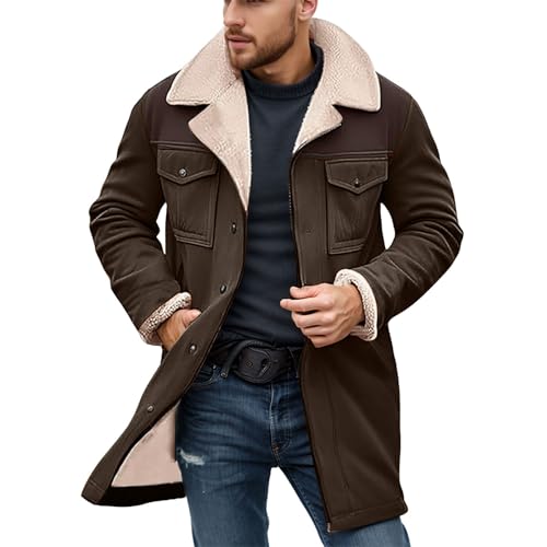 Leather Jacket Men, Winterjacke Herren Gefüttert Vintage Wildleder Jacke Lange Kunstfell Parka Jacken Revers Plüsch Mantel Warm Casual Mantel Wintermantel Felljacke Verdicken Wollmantel Outdoor Cargo von Sanaryun