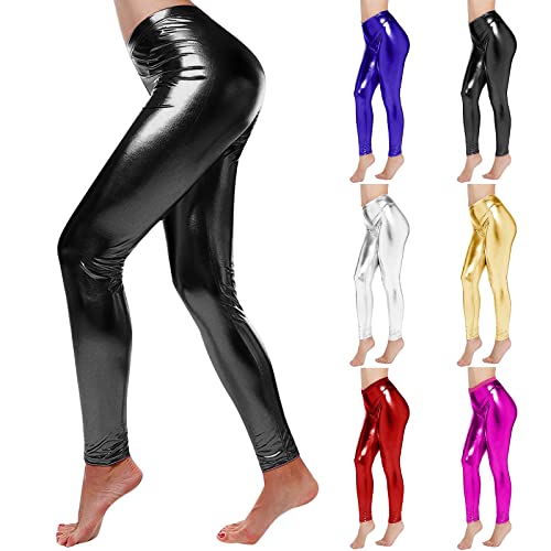 Leggings Metallic Damen Glänzende Shiny Space Girl - Leggings, Hose Mit Hoher Taille Im Wet Look Für Party Tanz Disco Kostüm Fasching Karneval von Sanaryun