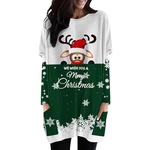 Longpullover Für Damen, Weihnachtspullover Damen Lustig Weihnachtskleid Rundhals Langarmshirt Sweatshirt Lange Pullover Xmas Bluse Oversize Oberteile Mit Taschen Weihnachten Tops Tshirt Personalisiert von Sanaryun