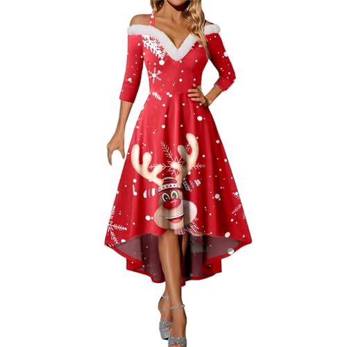 Meine bestellungen anzeigen, weihnachtskleid Damen Langarm Weihnachtsdruck Strapskleid Vintage Rockabilly Kleider Elegant Weihnachtskleider Christmas Dresses Rot Festlich Festival für Mädchen A Linie von Sanaryun