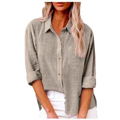 Musselin Leinenhemd Damen Knopfleiste Blusen & Tuniken Baumwolle Sommerblusen Elegant Oversize Langarm Revers Italienische Bluse Einfarbig Leicht Und Luftig Longbluse Shirts von Sanaryun