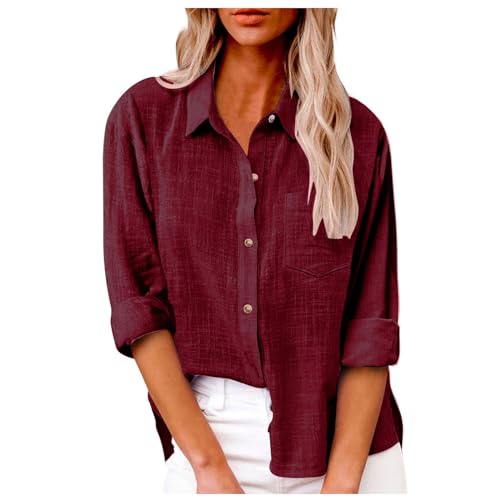 Musselin Leinenhemd Damen Knopfleiste Blusen & Tuniken Baumwolle Sommerblusen Elegant Oversize Langarm Revers Italienische Bluse Einfarbig Leicht Und Luftig Longbluse Shirts von Sanaryun