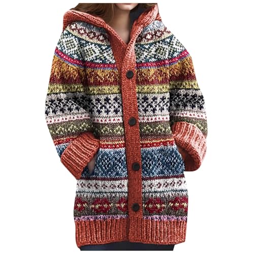 Norweger Pullover Damen, Weihnachts Strickjacke Damen Lang Grobstrick Cardigan Mit Kapuze Knöpfen Alpaka Bunt Norweger Weihnachten Winter Pullover Oversize Dicke Weihnachtspullover Kaschmir Strickpull von Sanaryun