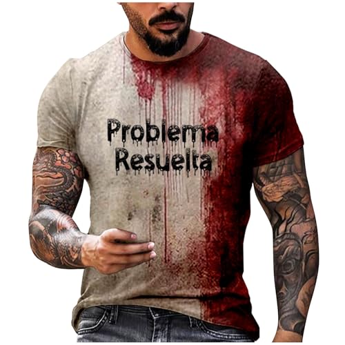 Problem Gelöst Shirt Herren Halloween Kostüm - Oversize Rundhalsausschnitt Blutspritzer Muster Oberteile Casual Blutiges T Shirt Hemd Entsetzen Blutig Bedruckt Kurzarm Top Übergröße T-Shirt von Sanaryun