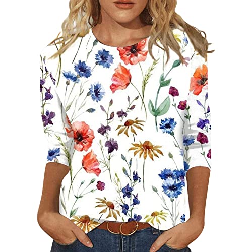 Shirt 3/4 Arm Damen Tshirt Frauen Casual Oberteile Damenblusen 3/4 Arm Lässig Elegant Tunika Tops Tshirt Rundhals Sommer Locker Bluse Longshirt von Sanaryun