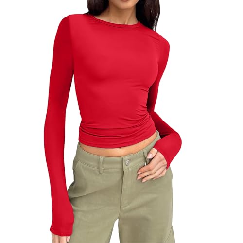 Skims Dupe Damen Enges Oberteil - Y2K Style Crop Tops Clean Girl Clothes Teenager Mädchen Klamotten Sommer Langarm Tshirt Langärmelig Rundhalsausschnitt Oberteil Basic-T-Shirt von Sanaryun