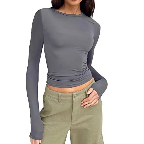 Skims Dupe Damen Enges Oberteil - Y2K Style Crop Tops Clean Girl Clothes Teenager Mädchen Klamotten Sommer Langarm Tshirt Langärmelig Rundhalsausschnitt Oberteil Basic-T-Shirt von Sanaryun