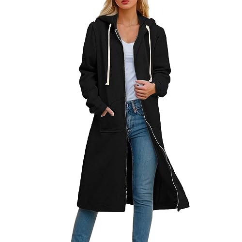 Sportjacke Damen Lang Zip Hoodie - Mit Kapuze Sweatjacke Hoodies Mit Reißverschluss Mittellang Lässig Sweatshirt Große Größen Langarm Dehnbare Pullover Jacke Mit Taschen Mantel von Sanaryun