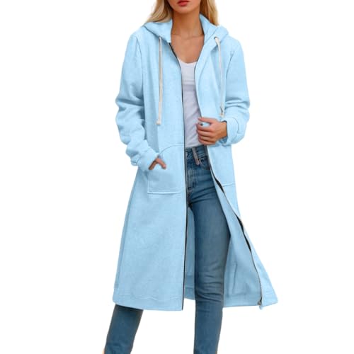 Sportjacke Damen Lang Zip Hoodie - Mit Kapuze Sweatjacke Hoodies Mit Reißverschluss Mittellang Lässig Sweatshirt Große Größen Langarm Dehnbare Pullover Jacke Mit Taschen Mantel von Sanaryun