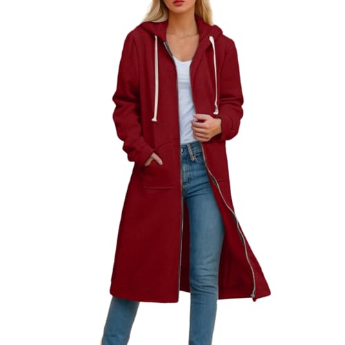 Sportjacke Damen Lang Zip Hoodie - Mit Kapuze Sweatjacke Hoodies Mit Reißverschluss Mittellang Lässig Sweatshirt Große Größen Langarm Dehnbare Pullover Jacke Mit Taschen Mantel von Sanaryun