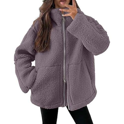 Teddy Fleecejacke Damen Warme Teddyfleece Jacke Einfarbig Fleecejacke mit Taschen Flauschig Plüschjacke Freizeit Outdoor Fleecemantel， Thermal Teddy von Sanaryun