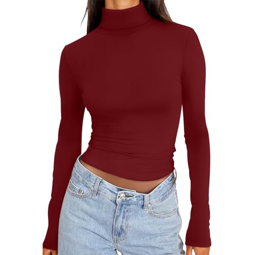 Thermoshirt Damen, Damen Rollkragenshirt Thermo Langarmshirt Winter Basic Unterziehshirt Anliegend Bauchfreies Oberteil Turtleneck Elegant Rollkragenpullover Dünn Gefüttert Einfarbig Stretch Tops Lei von Sanaryun