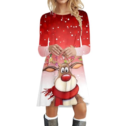 Weihnachten Kleid Damen, Lustig Weihnachtskleid Damen Langarm Weihnachtspullover Kleid Winter Rundhals Minikleid Rentier Druck Weihnachten Kleider Blusenkleid Oberteile Kleid Weihnachtskleidung Kniela von Sanaryun