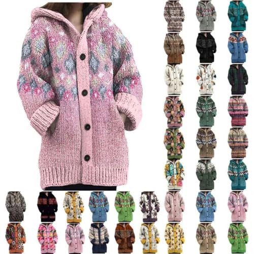 Weihnachts Cardigan Damen, Weihnachts Strickjacke Damen Lang Grobstrick Cardigan Mit Kapuze Knöpfen Alpaka Bunt Norweger Weihnachten Winter Pullover Oversize Dicke Weihnachtspullover Kaschmir Strickpu von Sanaryun