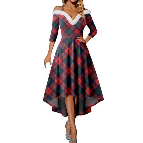 kleid weihnachten, weihnachtskleid damen Langarm Weihnachtsdruck Strapskleid Vintage Rockabilly Kleider Elegant Weihnachtskleider Christmas Dresses Rot Festlich Festival für Mädchen A Linie Cocktailkl von Sanaryun