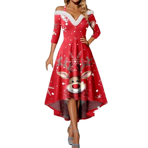 weihnachtselfen kostüm damen, weihnachtskleid damen Langarm Weihnachtsdruck Strapskleid Vintage Rockabilly Kleider Elegant Weihnachtskleider Christmas Dresses Rot Festlich Festival für Mädchen A Linie von Sanaryun