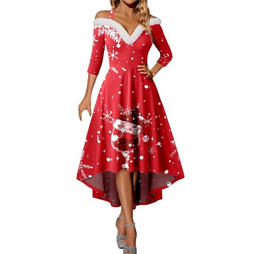 weihnachtsfrau kostüm, weihnachtskleid damen Langarm Weihnachtsdruck Strapskleid Vintage Rockabilly Kleider Elegant Weihnachtskleider Christmas Dresses Rot Festlich Festival für Mädchen A Linie Cockta von Sanaryun