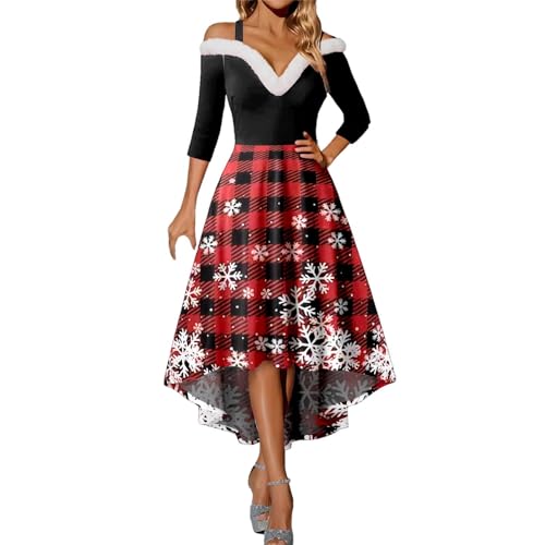 weihnachtsfrau kostüm Damen, weihnachtskleid Damen Langarm Weihnachtsdruck Strapskleid Vintage Rockabilly Kleider Elegant Weihnachtskleider Christmas Dresses Rot Festlich Festival für Mädchen A Linie von Sanaryun