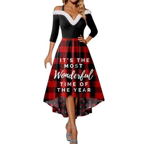 weihnachtskleid damen, weihnachtskleid damen Langarm Weihnachtsdruck Strapskleid Vintage Rockabilly Kleider Elegant Weihnachtskleider Christmas Dresses Rot Festlich Festival für Mädchen A Linie Cockta von Sanaryun