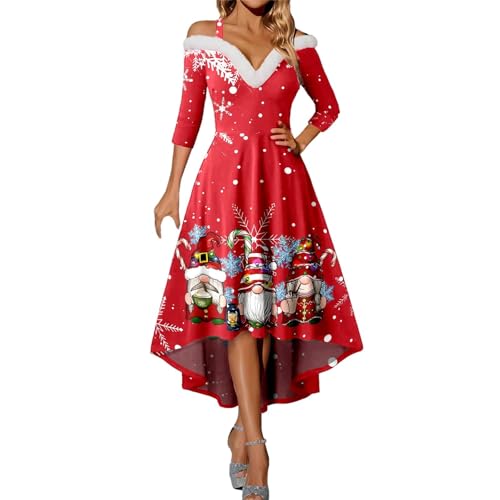 weihnachtskleidung damen, weihnachtskleid damen Langarm Weihnachtsdruck Strapskleid Vintage Rockabilly Kleider Elegant Weihnachtskleider Christmas Dresses Rot Festlich Festival für Mädchen A Linie Coc von Sanaryun