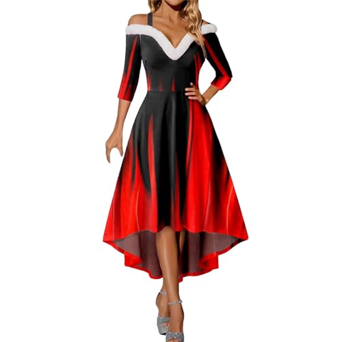 weihnachtskleidung damen, weihnachtskleid damen Langarm Weihnachtsdruck Strapskleid Vintage Rockabilly Kleider Elegant Weihnachtskleider Christmas Dresses Rot Festlich Festival für Mädchen A Linie Coc von Sanaryun