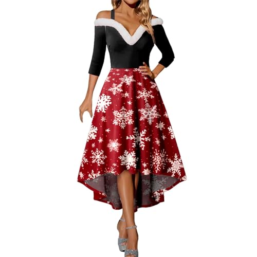 weihnachtskostüm damen, weihnachtskleid damen Langarm Weihnachtsdruck Strapskleid Vintage Rockabilly Kleider Elegant Weihnachtskleider Christmas Dresses Rot Festlich Festival für Mädchen A Linie Cockt von Sanaryun