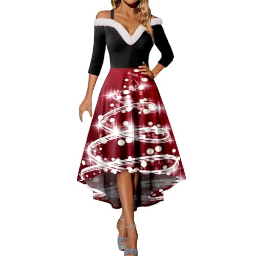 weihnachtsoutfit damen, weihnachtskleid damen Langarm Weihnachtsdruck Strapskleid Vintage Rockabilly Kleider Elegant Weihnachtskleider Christmas Dresses Rot Festlich Festival für Mädchen A Linie Cockt von Sanaryun