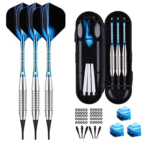 sanfeng Dartpfeile mit kunststoffspitze für elektronische dartscheibe 3 Stück, 18 Gramm E Dartpfeile Softdarts (16 Gramm Dart Pfeile), 6 Blau Shafts 6 Flights 50 Spitzen 50 Anti-Lose Gummiringe von sanfeng