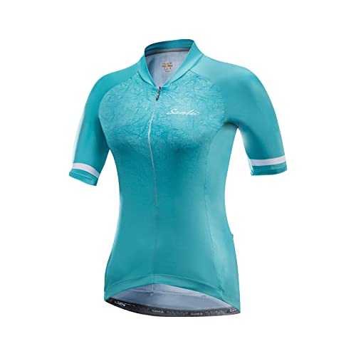 Santic Radtrikot Damen Kurzarm Fahrradtrikot Damen Fahrradshirt Radshirt Kurzarm Sommer mit Taschen Blau EU XL von Santic