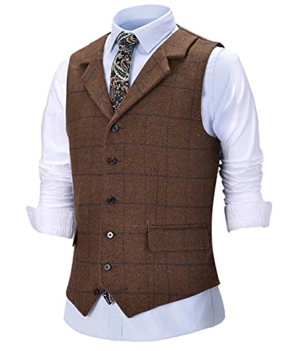 SaoBiiu Herren Vintage Plaid Weste Wolle Anzugweste Revers Weste Trauzeugen für Hochzeit Weste von SaoBiiu