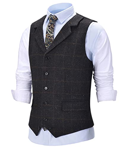 SaoBiiu Herren Vintage Plaid Weste Wolle Anzugweste Revers Weste Trauzeugen für Hochzeit Weste von SaoBiiu