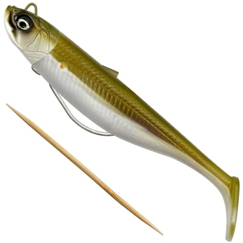 Savage Gear Minnow Weedless - 2 Gummifische + 1 Jigkopf, Größe/Gewicht/Farbe:10cm / 16g / Khaki von Savage Gear