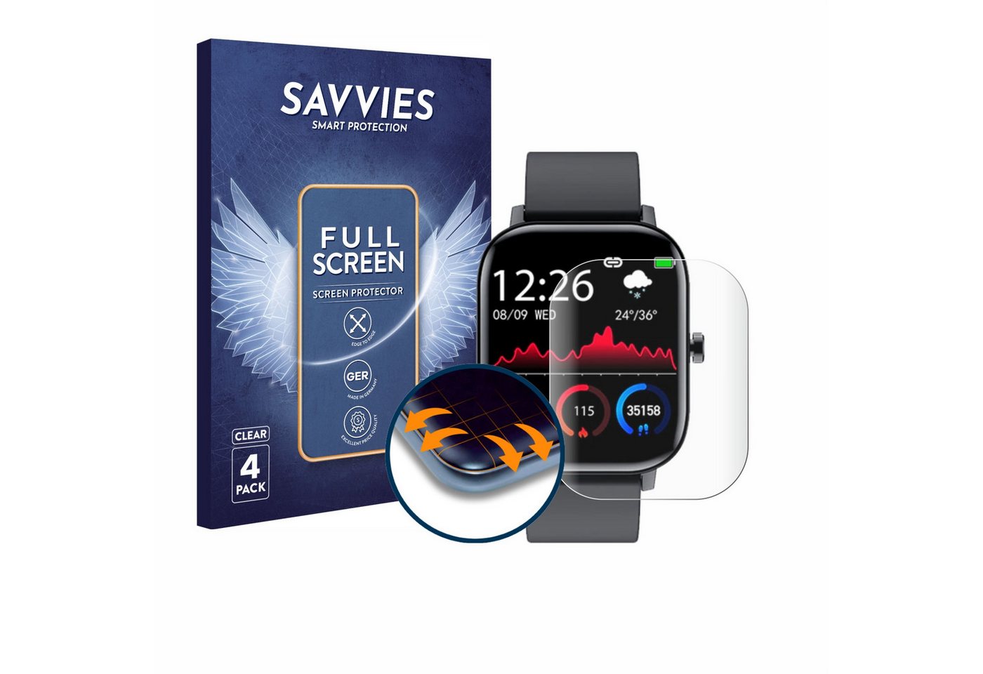 Savvies Displayschutzfolie Fullscreen Schutzfolie für LIGE Smart Sports Watch I10, 4 Stück, Displayschutz Folie Fullcover Klar Transparent von Savvies