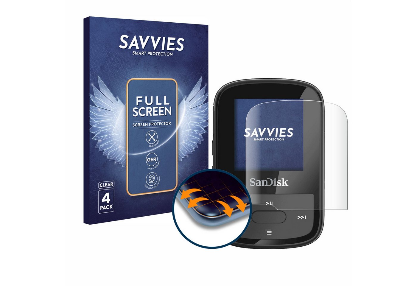 Savvies Full-Cover Schutzfolie für SanDisk Clip Sport Plus, Displayschutzfolie, 4 Stück, 3D Curved klar von Savvies