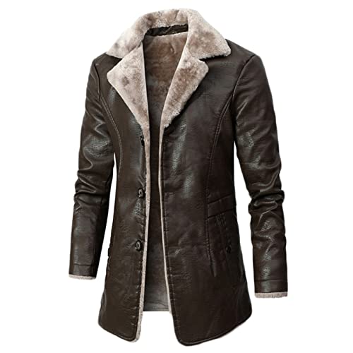 Herren Lederjacke Biker Jacke Lange Vintage Ledermantel mit Fell-Imitat Jacke Mantel Herren Mantel mit Kunstpelz Mantel Fleecejacke, PU Winddichte Herrenjacke (Color : Brown, Size : M) von Sawmew