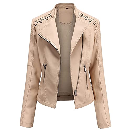 Kurzmantel ÜBergang Winter Lederjacke Bikerjacke PU Lederjacke Kurze Jacke Kunstleder Revers Freizeit ReißVerschluss Outdoorjacke Kunstlederjacke Langarm (Color : Apricot, Size : XXL) von Sawmew