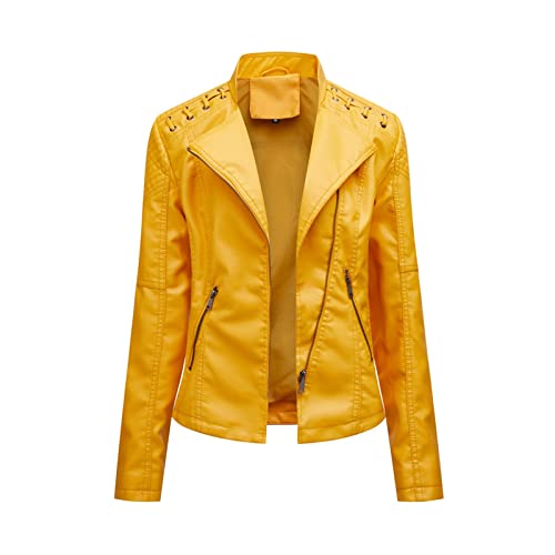 Kurzmantel ÜBergang Winter Lederjacke Bikerjacke PU Lederjacke Kurze Jacke Kunstleder Revers Freizeit ReißVerschluss Outdoorjacke Kunstlederjacke Langarm (Color : Yellow, Size : XL) von Sawmew