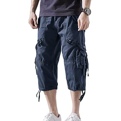 Sawmew 3/4 Hose Herren Cargo Shorts Männer Bermuda Shorts Multi Taschen Sommer Kurze Hose Baumwolle Arbeitshose Gummibund Lässig (Color : Blue, Size : 3XL) von Sawmew