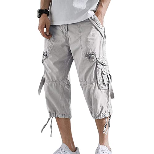 Sawmew 3/4 Hose Herren Cargo Shorts Männer Bermuda Shorts Multi Taschen Sommer Kurze Hose Baumwolle Arbeitshose Gummibund Lässig (Color : Grey, Size : XXL) von Sawmew