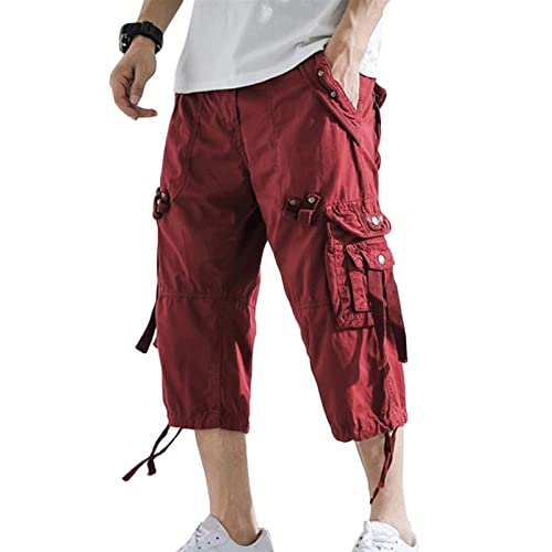 Sawmew 3/4 Hose Herren Cargo Shorts Männer Bermuda Shorts Multi Taschen Sommer Kurze Hose Baumwolle Arbeitshose Gummibund Lässig (Color : Red, Size : XXL) von Sawmew