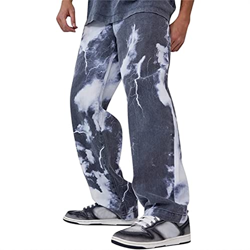 Sawmew Baggy Jeans Bedruckt Herren Baggy Men Hip Hop Jeans Straight Leg Y2K Jeans Gewaschen Jeanshose Vintage Denim Hosen Teenager Jungen Skateboard Hose Streetwear (Color : Blue, Size : L) von Sawmew