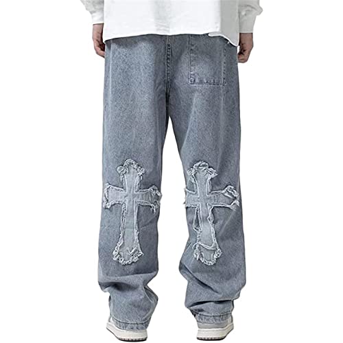 Sawmew Baggy Jeans Bedruckt Herren Jeans Men Hip Hop Jeans Baggy Jeanshose Teenager Jungen Bein Jeans Skateboard Hose Streetwear (Color : Blue, Size : L) von Sawmew