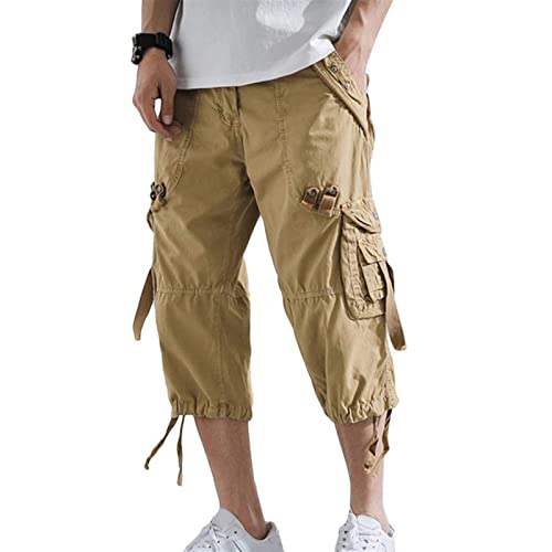 Sawmew Cargo Shorts Herren 3/4 Sommer Kurze Outdoor Bermuda Kurz Hose Atmungsaktiv Freizeitshorts Baumwolle Arbeitshose mit Multi Taschen (Color : Khaki, Size : 3XL) von Sawmew