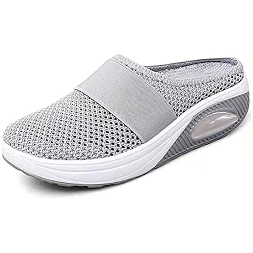 Sawmew Clogs Weiche Hausschuhe Damen Pantoletten Mesh Sabot mit Orthopädisch Luftkissen Atmungsaktiv Plateau Freizeit Sandalen Slipper (Color : Gray, Size : 41 (255CM)) von Sawmew