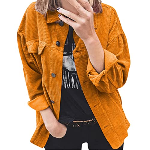 Sawmew Cordhemd Cordjacke Damen Oversize Shirt Frauen Hemdjacke aus Cord Langarm Lose Revers Cordstoff Bluse mit Knöpfen Frühling Herbst Hemd Outwear (Color : Yellow, Size : M) von Sawmew